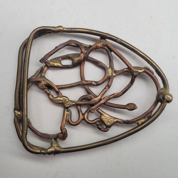 Artisan Brass Triangle Buckle Vintage Abstract Swirl Statement Accessory - Picture 5 of 6